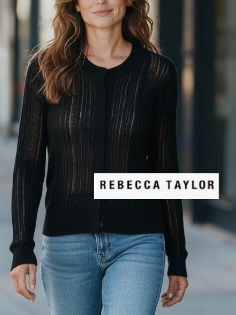 Rebecca Taylor Black sheer stripe cardigan, S, LG1394